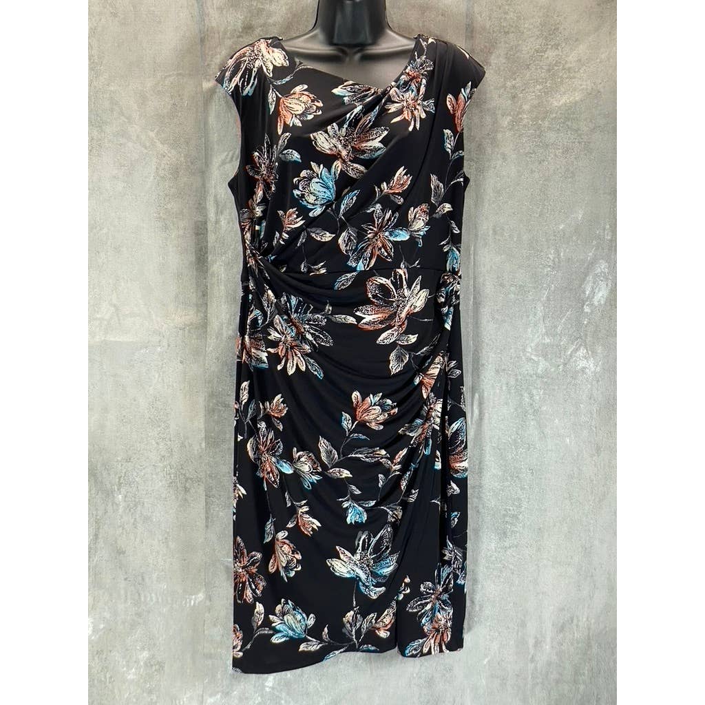 CONNECTED APPAREL Women's Petite Black Floral Faux-Wrap Midi Dress SZ 14P