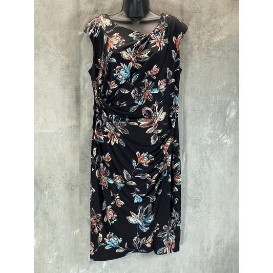 CONNECTED APPAREL Women's Petite Black Floral Faux-Wrap Midi Dress SZ 14P