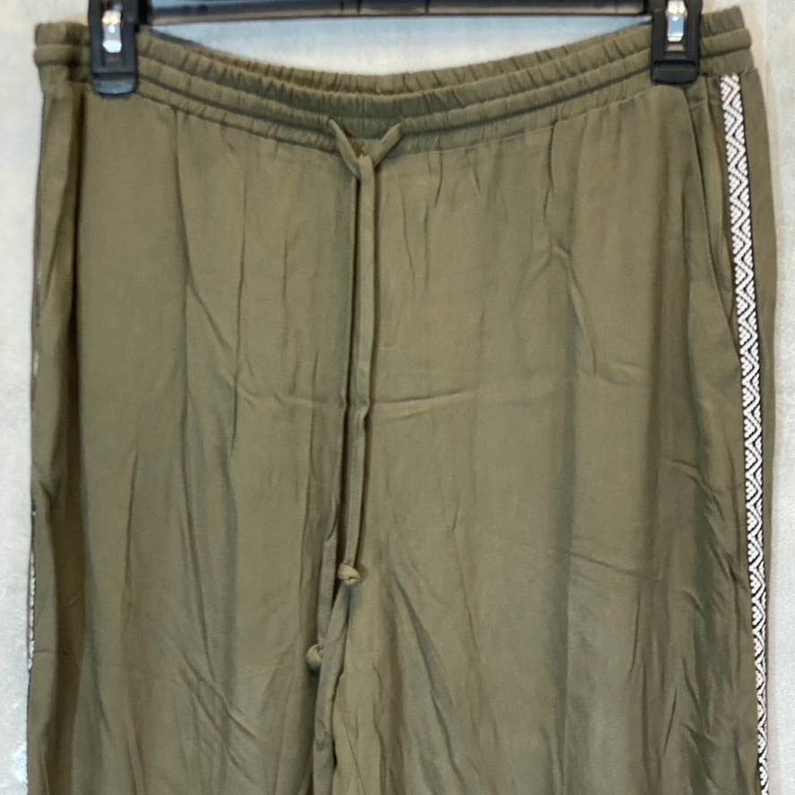 DR2 By Daniel Rainn Women's Olive Contrast Stripe Drawstring High-Rise Wide-Leg Pull-On Pants SZ L