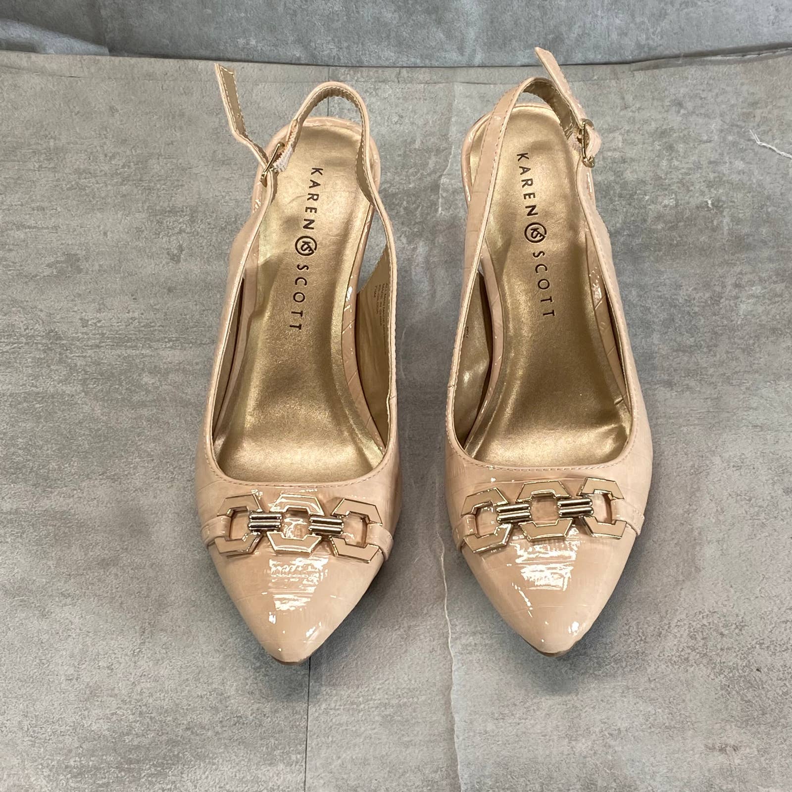 KAREN SCOTT Women's Nude Patent Gildda Pointed-Toe Slingback Pumps SZ 7.5