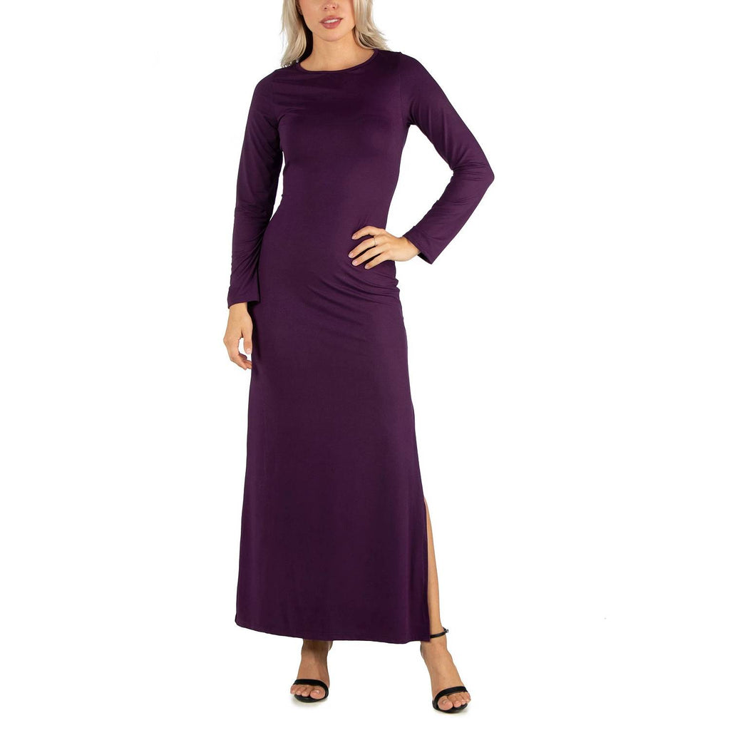 24SEVEN COMFORT APPAREL Purple Form Fitting Long Sleeve Side Slit Maxi Dress SZ XL