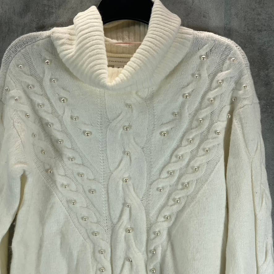 CHARTER CLUB Women's Ivory Embellished Cable Knit Turtle-Neck Pullover Sweater