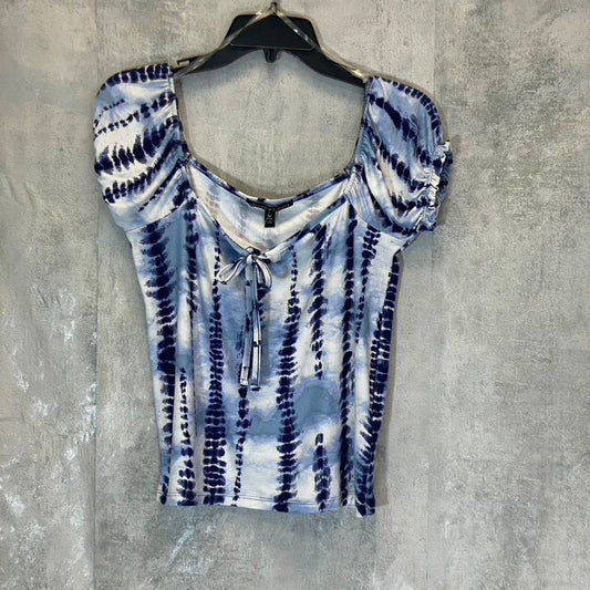 DEREK HEART Women's Blue Tie-Dye Puff Sleeve Off-The-Shoulder Short Sleeve Top SZ M