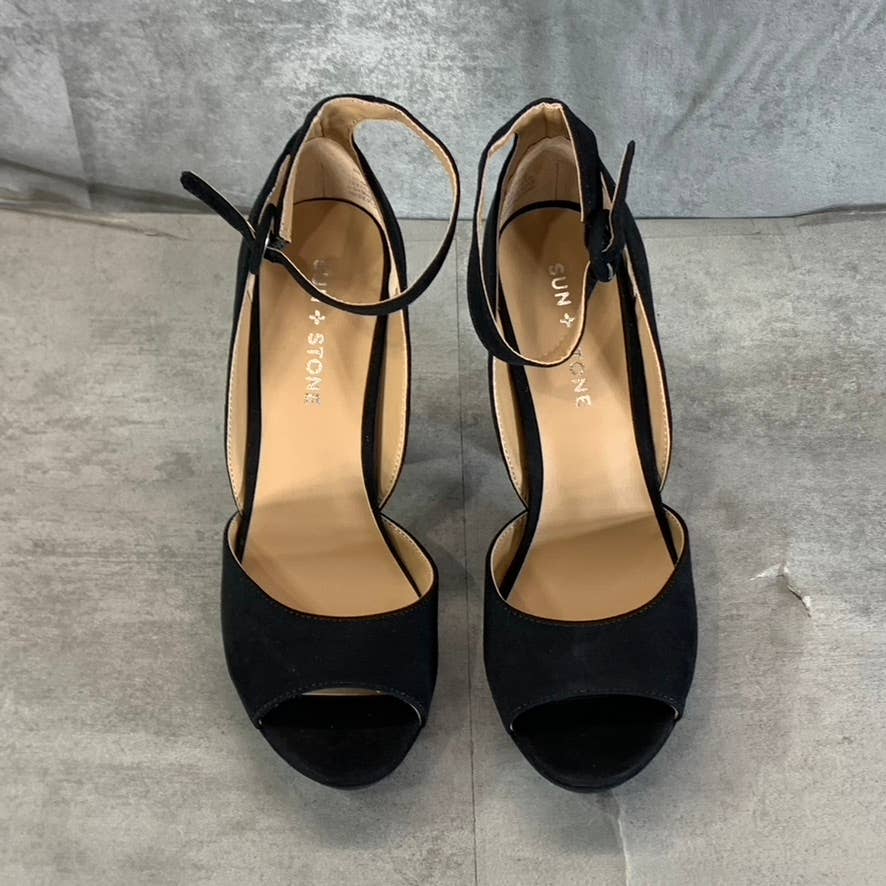 SUN+STONE Women's Black Micro Reeta Block-Heel Ankle Strap Platform Heels SZ 7