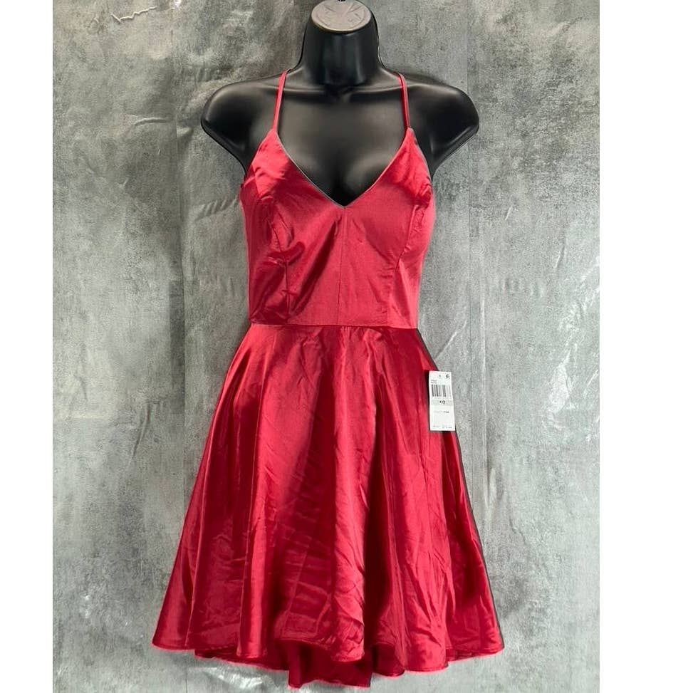 B. DARLIN Juniors' Crimson Red Satin V-Neck Lace-Back Pocketed Mini Dress SZ 1/2
