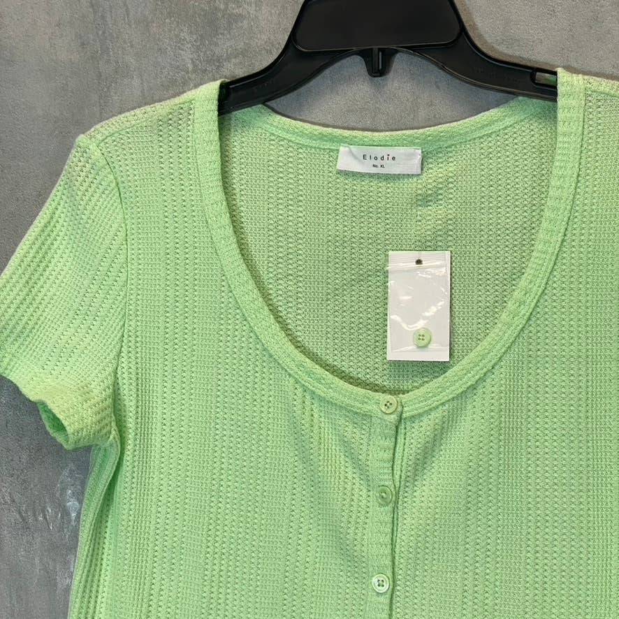 ELODIE Women's Neon Green Waffle Knit Short Sleeve Scoop Neck Button-Up Crop Top SZ XL