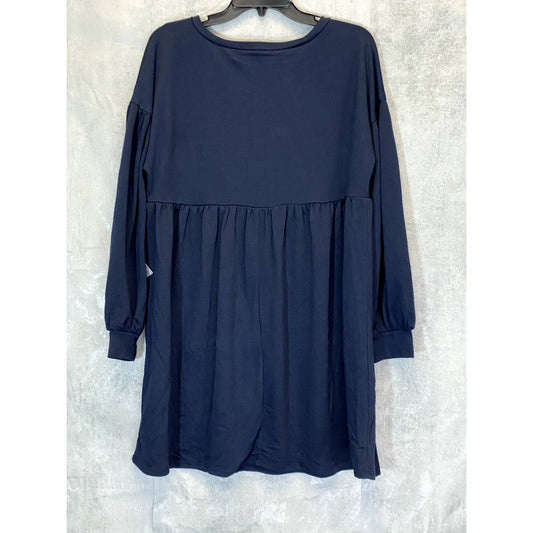 KE-NED-IK Women's Navy Round Neck Long Sleeve A-Line Mini Dress SZ XL