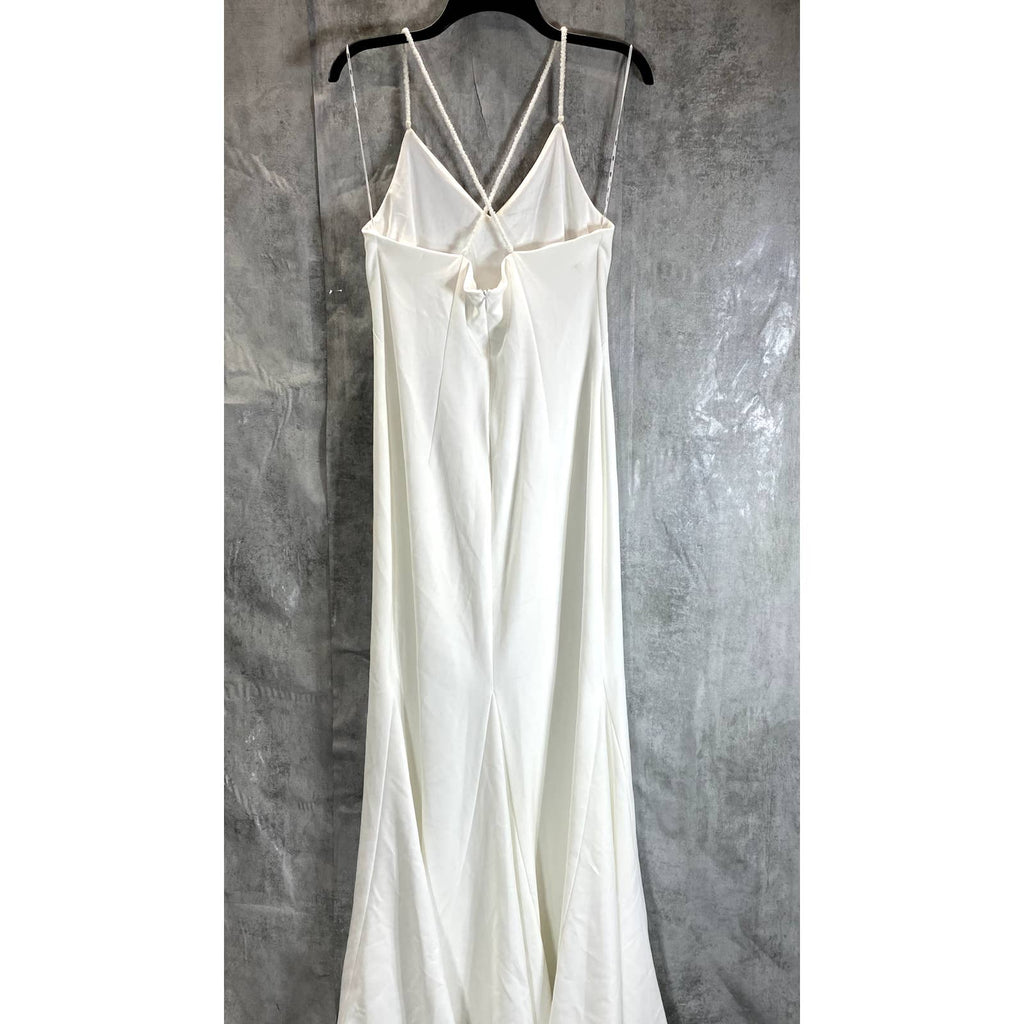 DKNY Women's Ivory V-Neck Beaded Spaghetti Straps Mermaid Maxi Gown SZ 8