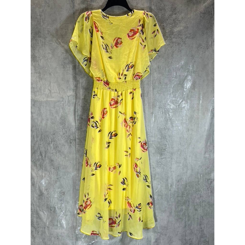 DKNY Women's Yellow Floral Smocked Flutter Short-Sleeve Hi-Low Hem Midi Dress
