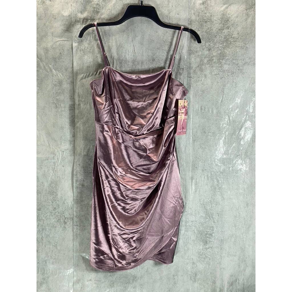 EMERALD SUNDAE Juniors' Purple Satin Ruched Asymmetrical Bodycon Mini Dress SZ L