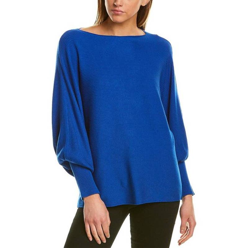 ANNE KLEIN Women's Blue Ottoman-Rib Bateau Neck Dolman Sleeve Pullover Sweater SZ S