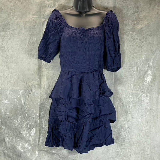 AQUA Women's Navy Smocked Tiered Puff-Sleeve Mini Dress SZ S