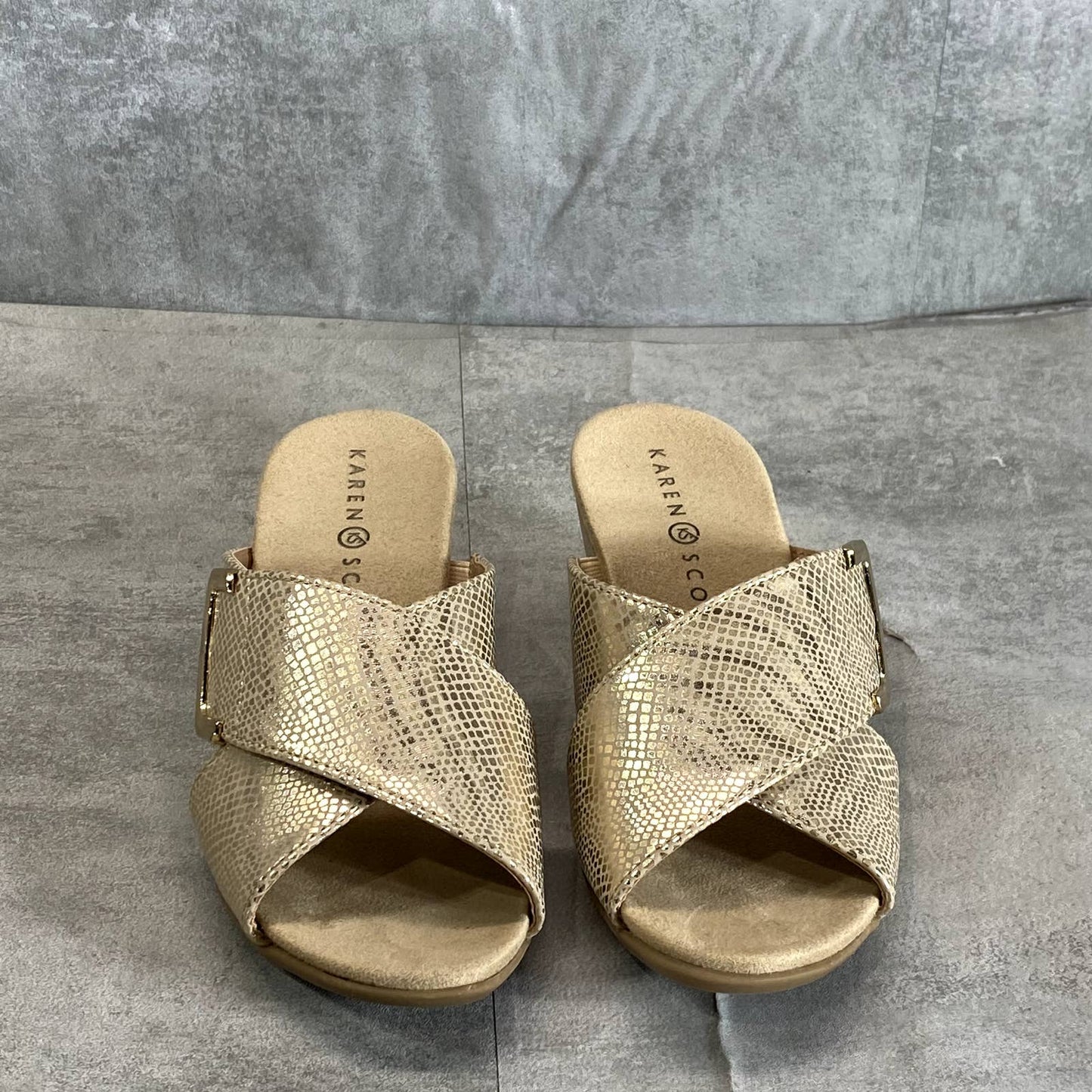 KAREN SCOTT Women's Soft Gold Criss-Cross Elzaa Slide Wedge Sandals SZ 5