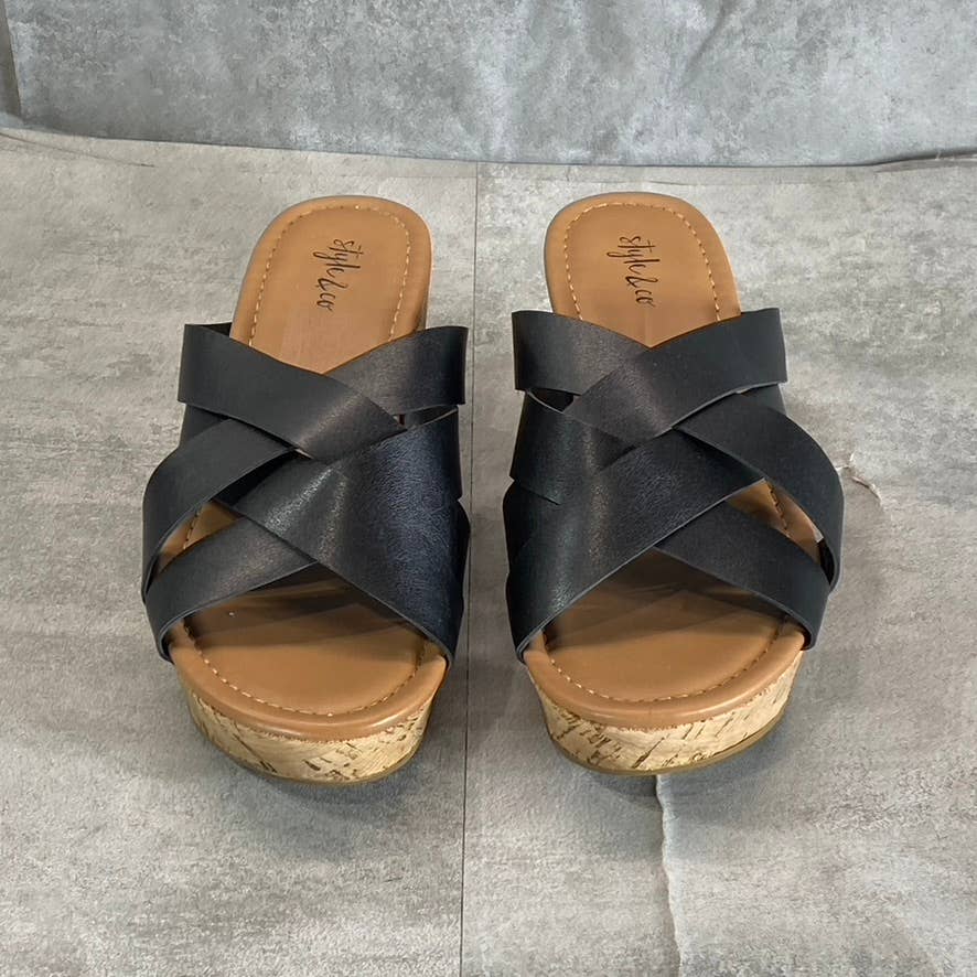 STYLE & CO Women's Black Smooth Violettee Slide Wedge Platform Sandals SZ 6