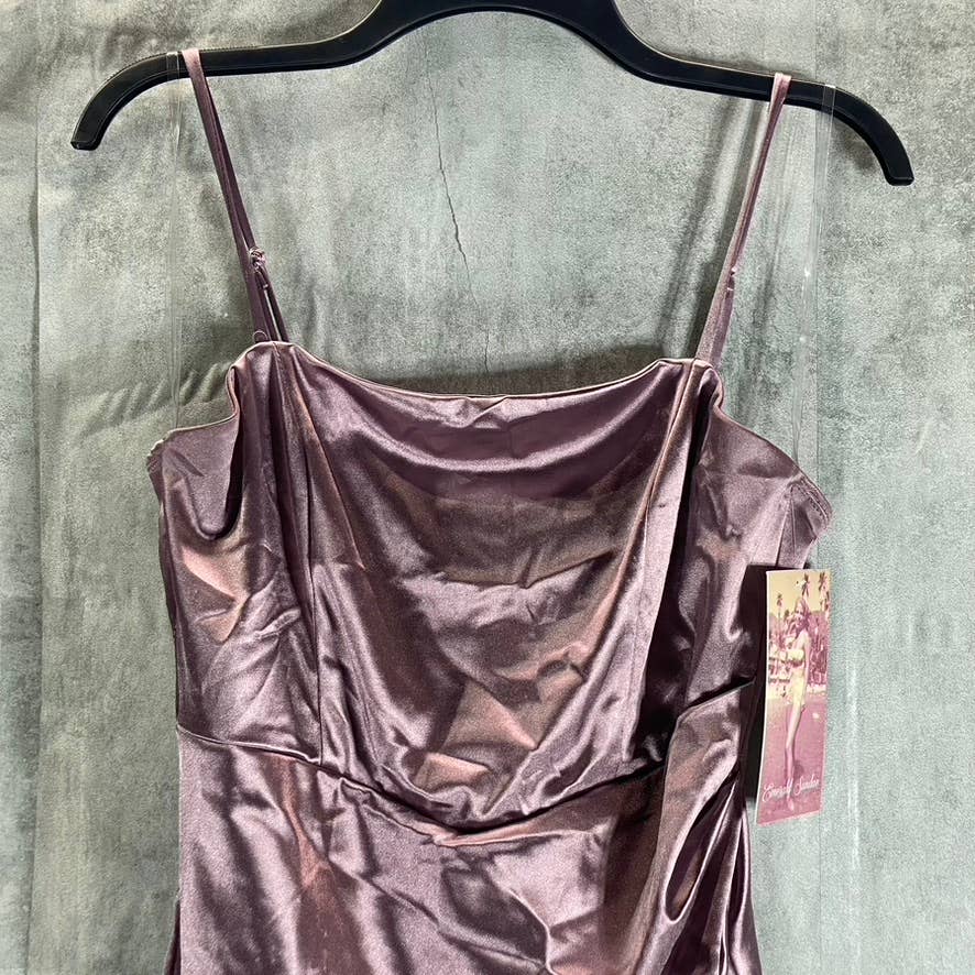 EMERALD SUNDAE Juniors' Purple Satin Ruched Asymmetrical Bodycon Mini Dress SZ L