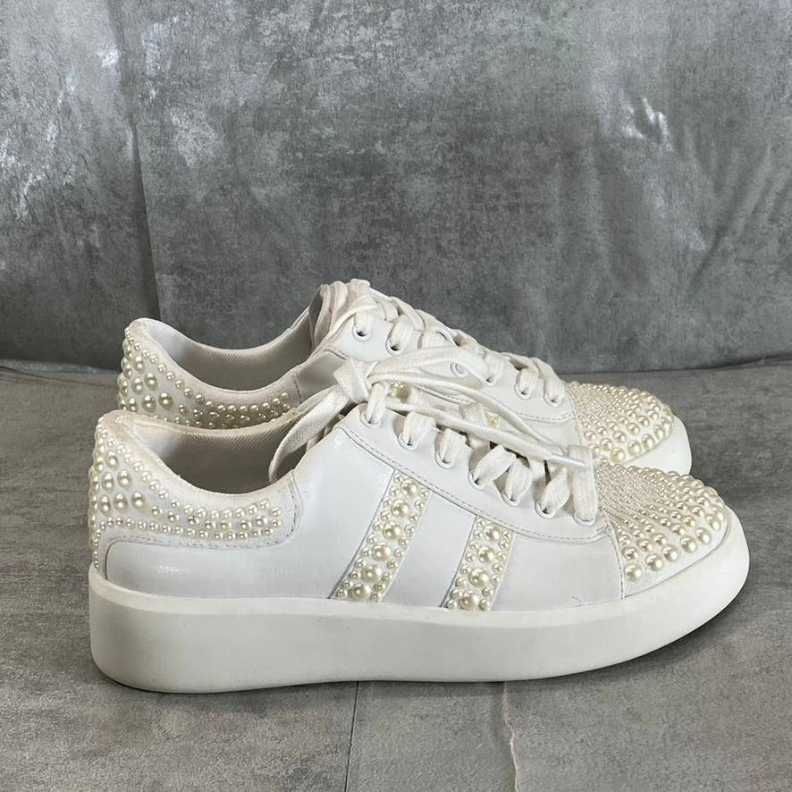 INC Women's White Imitation Pearl Embellished Alleni Lace-Up Sneakers SZ 5.5