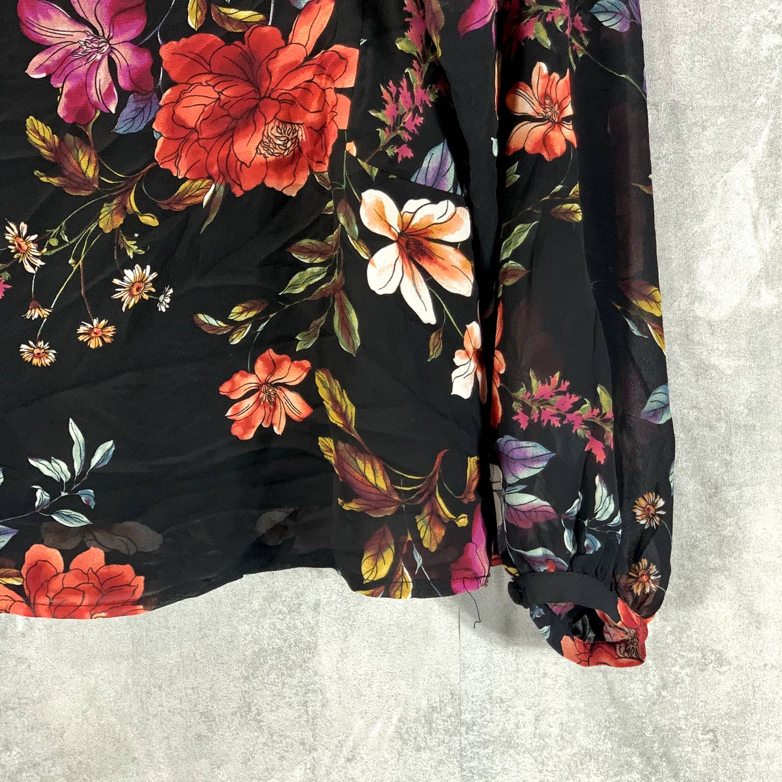 VINC CAMUTO Women's Rich Black Floral-Print Scoop-Neck Long-Sleeve Top SZ XS