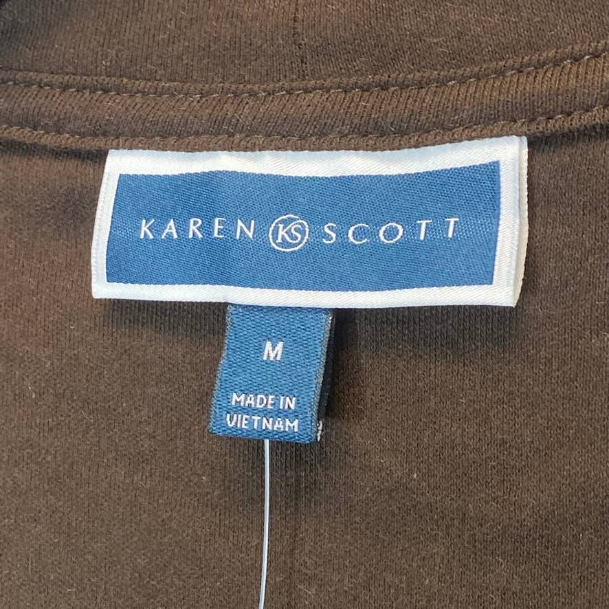 KAREN SCOTT Women's Chocolate 2-Pocket 3/4 Tab Sleeve Collarless Open Front Cardigan SZ M