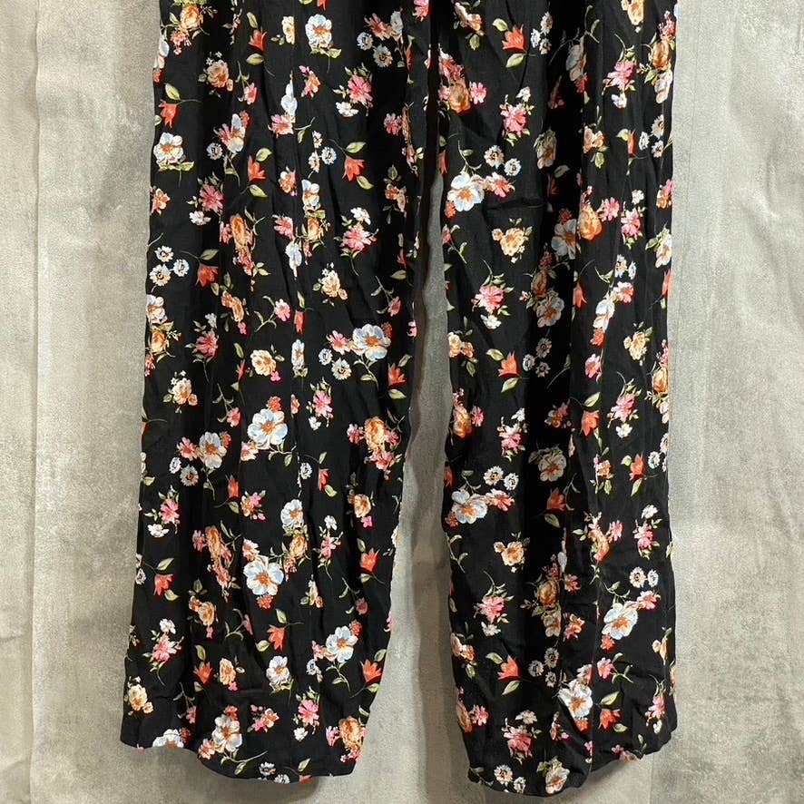 KINGSTON GREY Juniors' Black Floral Ruffle V-Neck Tie-Waist Pant Jumpsuit SZ S