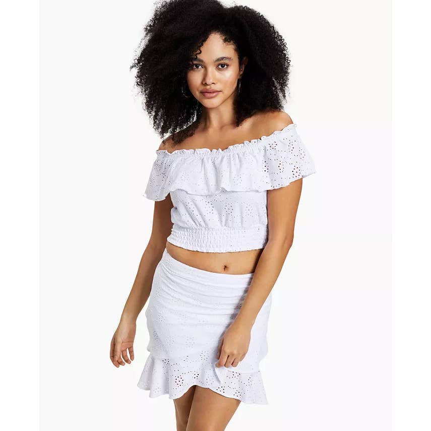 BAR III Women's Plus Bright White Off-The-Shoulder Eyelet Smocked Crop Top SZ 0X