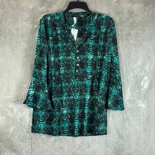 NY COLLECTION Women's Teal Plaid 3/4 Bell Sleeve Y-Neck Pleated Top SZ L