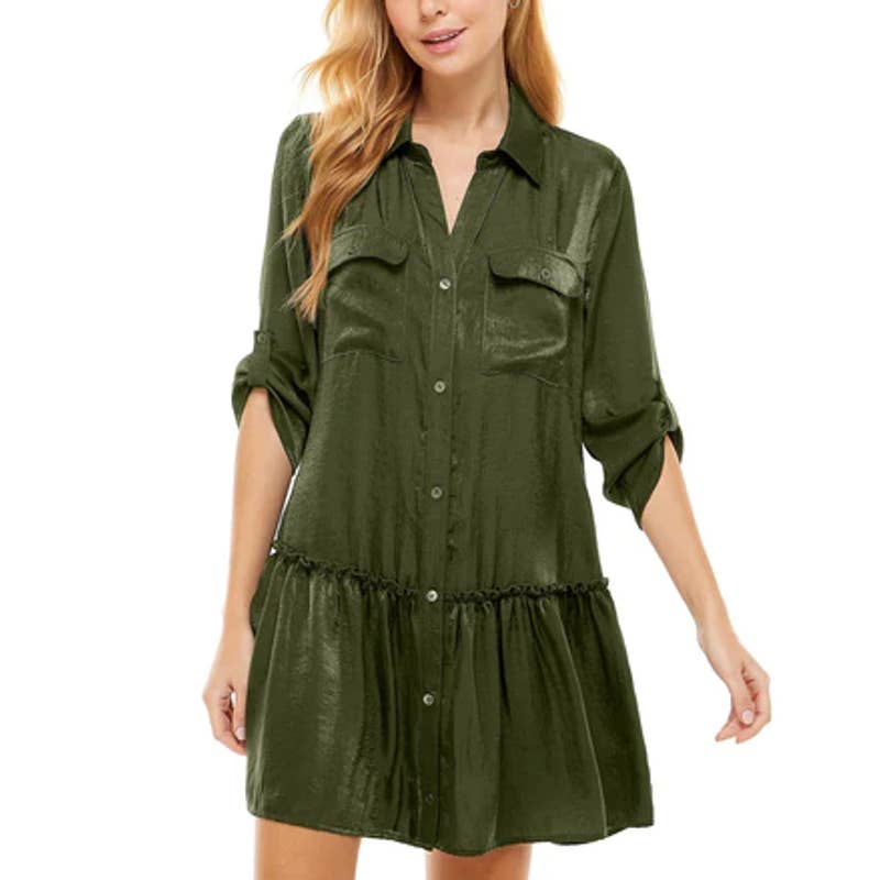 KINGSTON GREY Juniors' Olive Ruffle-Hem Long-Sleeve Button-Front Shirtdress SZXS
