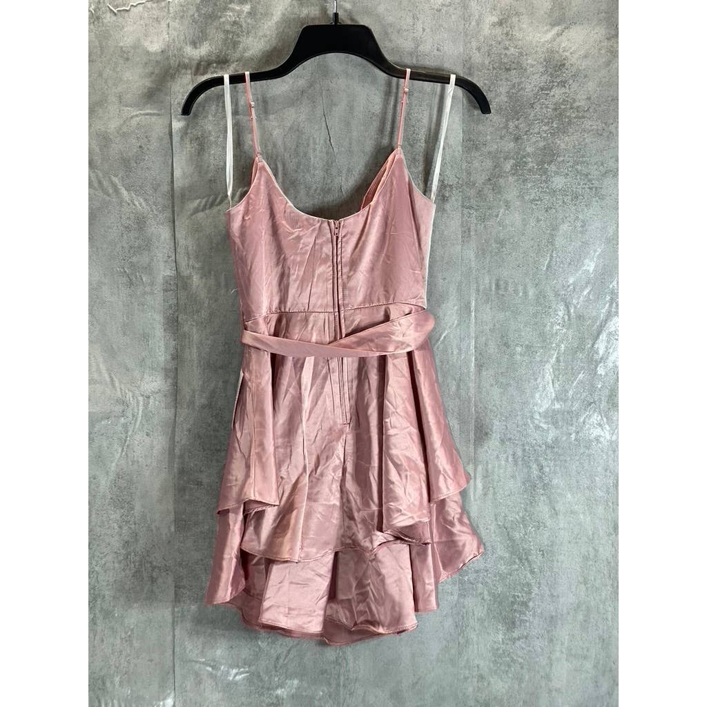 B. DARLIN Juniors' Rose Blush Satin V-Neck Faux-Wrap Tiered Mini Dress SZ 1/2