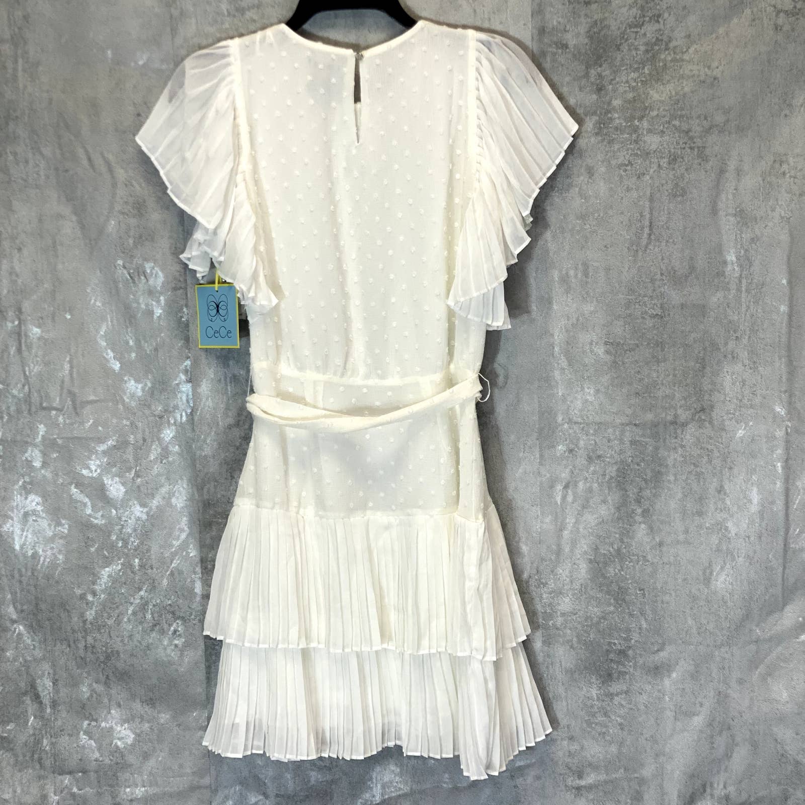 CECE Women's Soft Ecru Clip Dot Tie-Waist Ruffle Short Sleeve Fit & Flare Mini Dress SZ 4