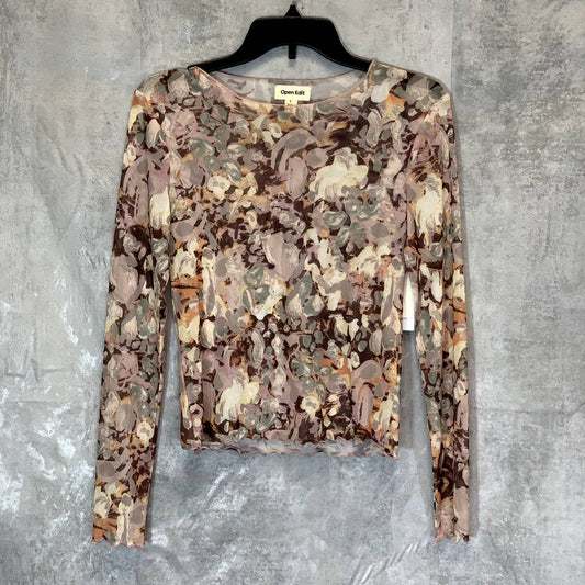 OPEN EDIT Women's Pink Painted Floral Long Sleeve Mesh Top SZ S