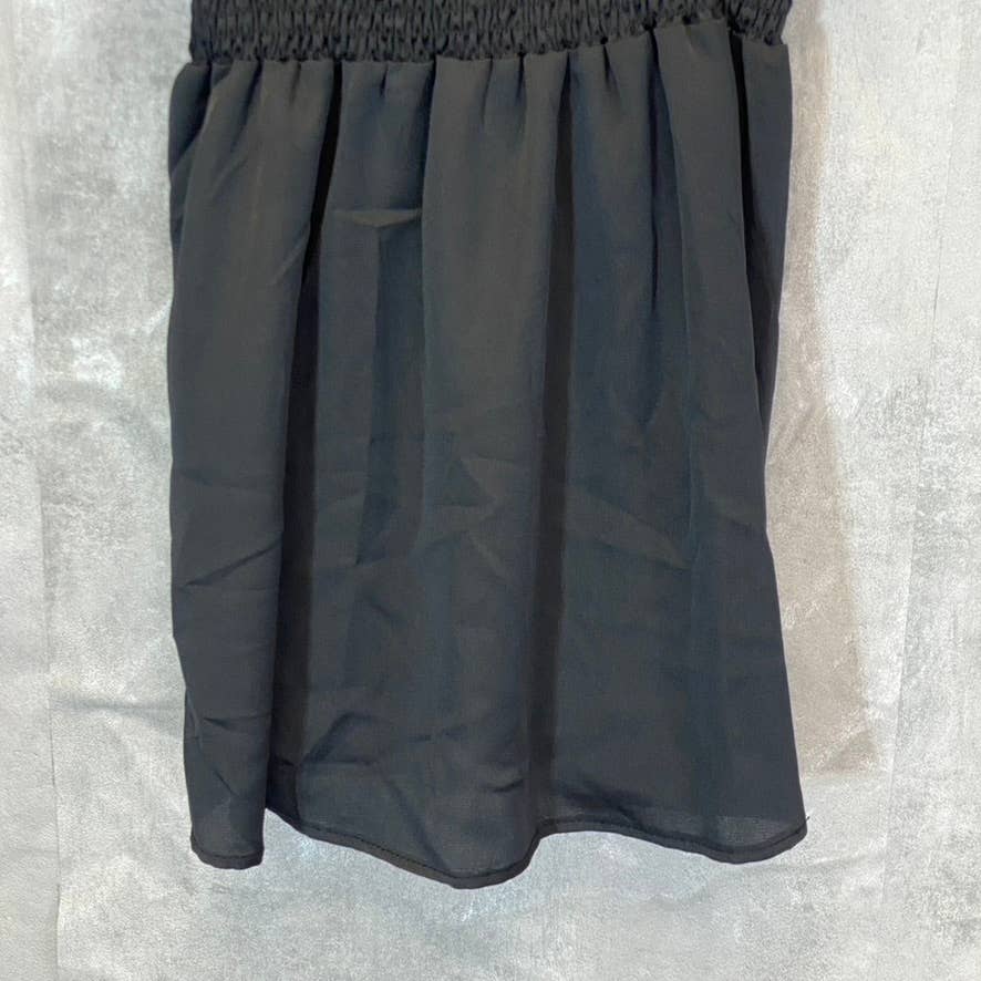 LUNA CHIX Women's Solid Black Flutter Sleeve Double V-Neck Smocked Waist Mini Dress SZ L