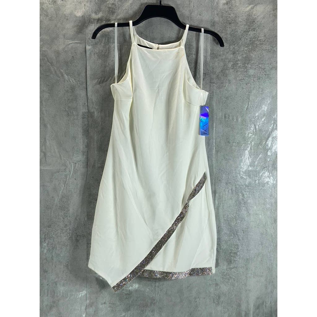 BCX DRESSES Juniors' Off-White Halter Asymmetrical Rhinestone Hem Dress SZ L