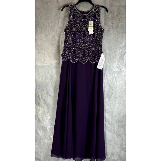 J KARA Women's Plum Beaded Embellished Sleeveless A-Line Maxi Gown SZ 14