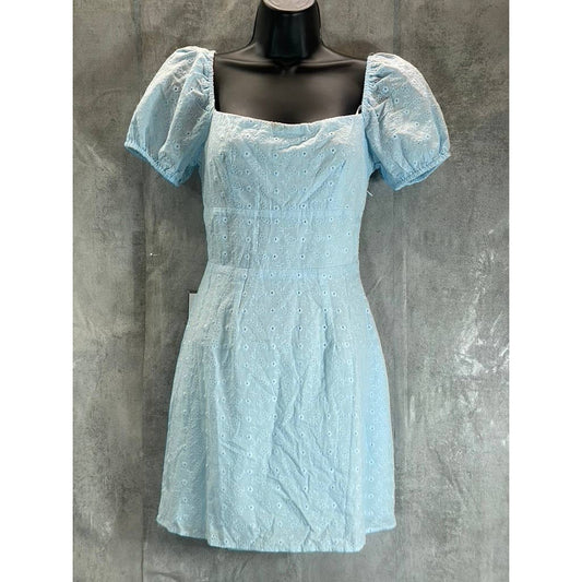 B. DARLIN Juniors' Light Blue Floral Embroidered Puff-Sleeve Mini Dress SZ 3/4