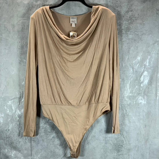 JEANNIE MAI X INC Women's Champagne Nude Cowl-Neck Long-Sleeve Bodysuit SZ L