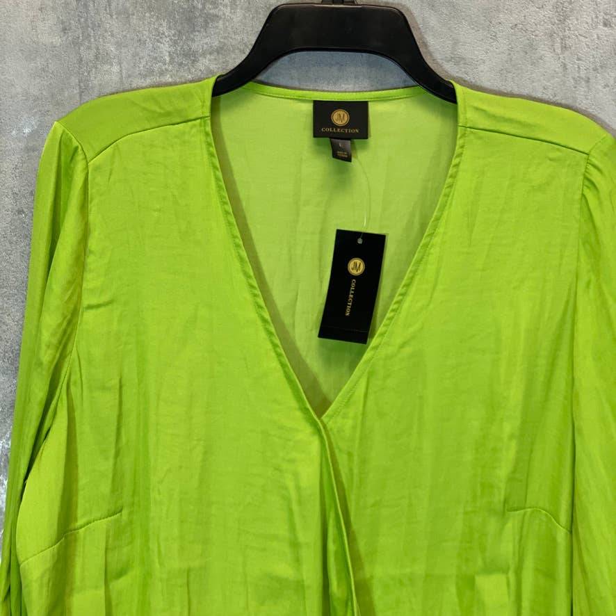 JM COLLECTION Women's Parrot Green Surplice-Neck Tie-Cuff Smocked-Hem Blouse SZ L