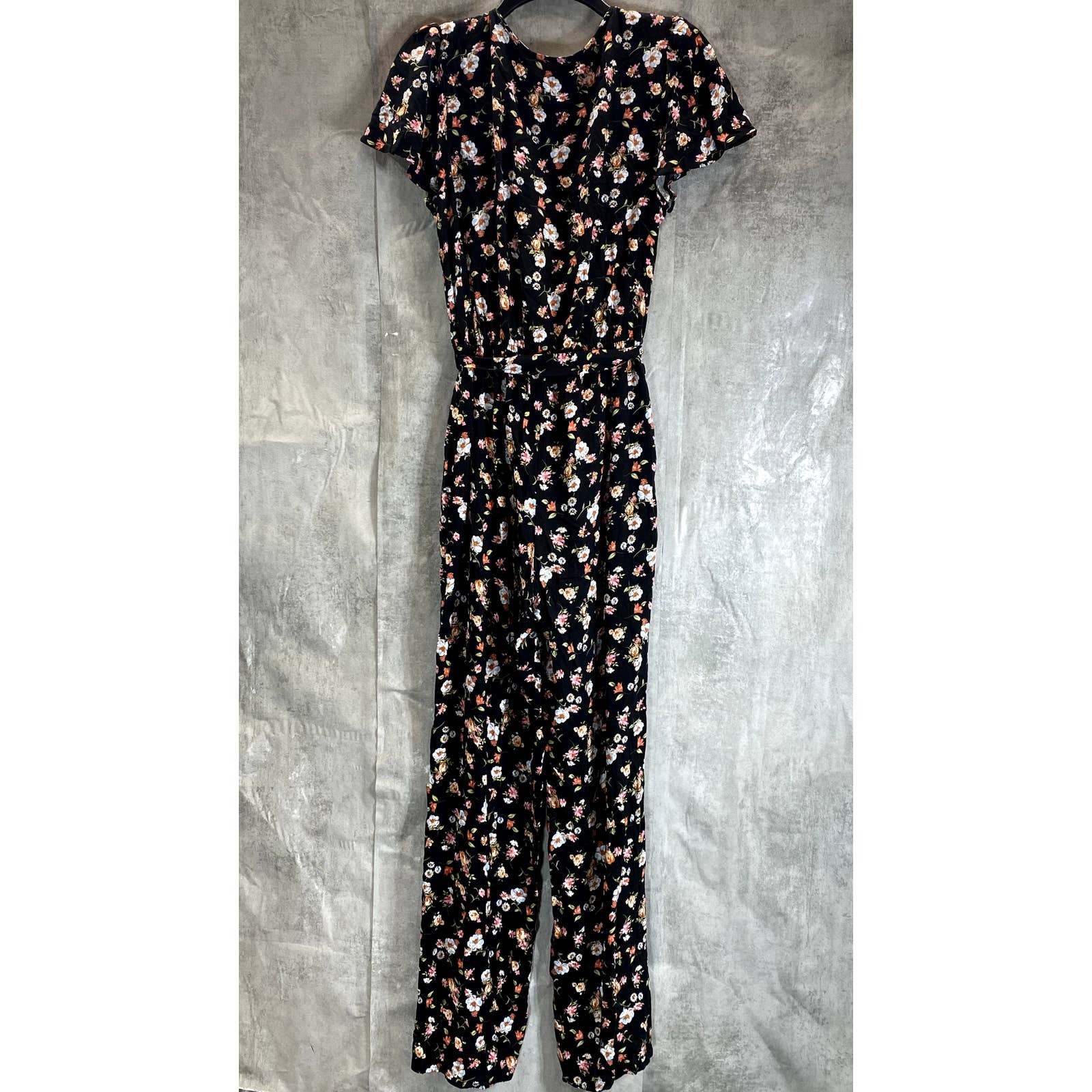 KINGSTON GREY Juniors' Black Floral Ruffle V-Neck Tie-Waist Pant Jumpsuit SZ S