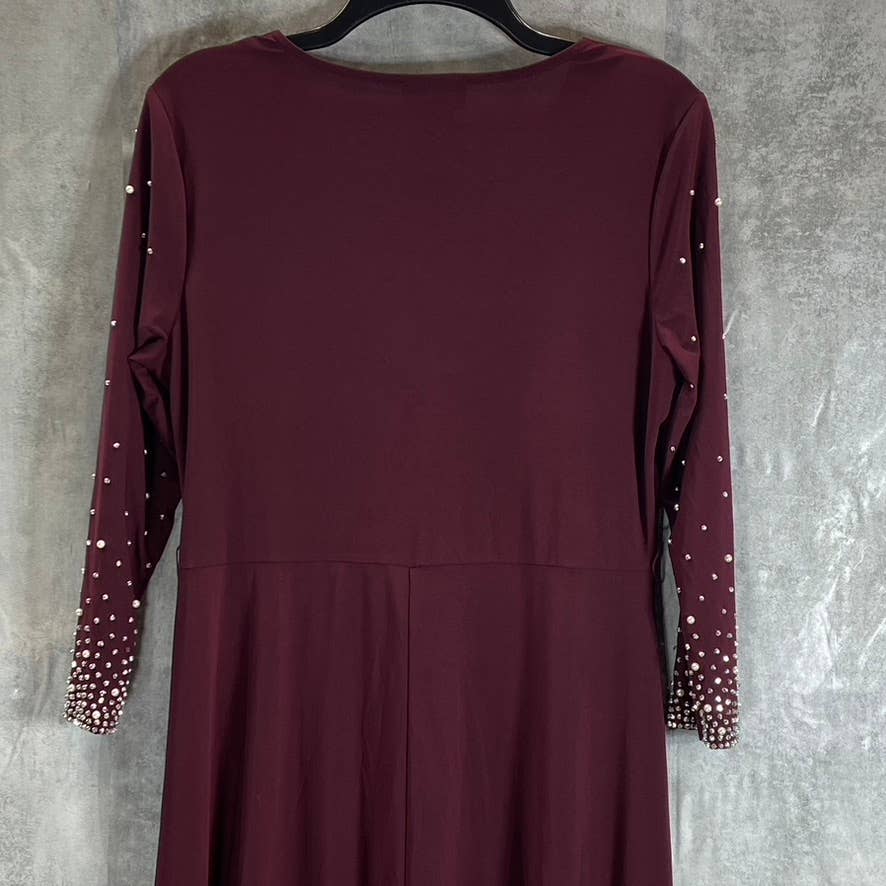 MSK Women's Burgundy V-Neck Rhinestone Embellished 3/4 Sleeve Midi Dress SZ M