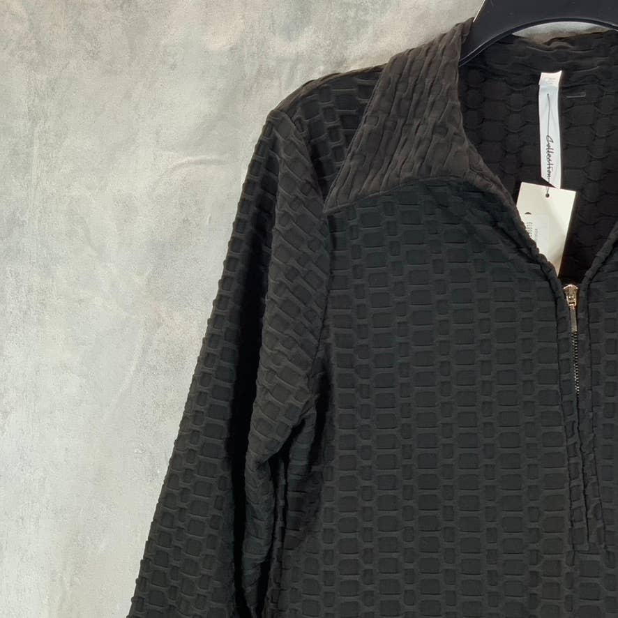 NY COLLECTION Women's Black Honeycomb Half-Zip 3/4 Sleeve Dolphin Hem Top SZ L