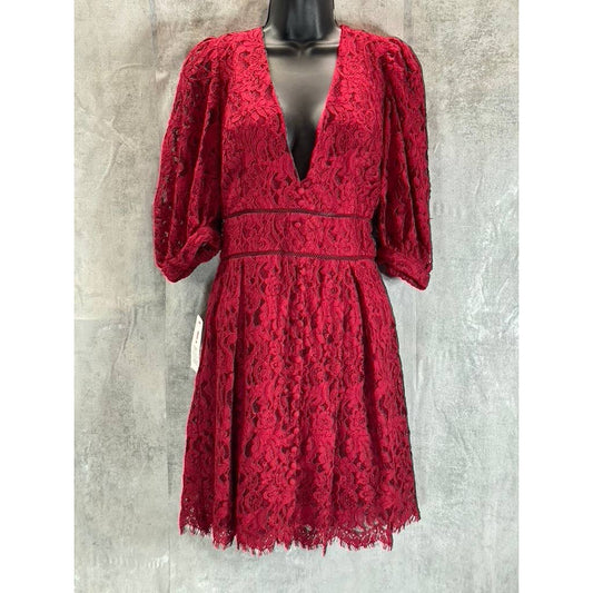 BARDOT Women's Crimson Red Kira Lace Button-Detail V-Neck Fit & Flare Mini Dress