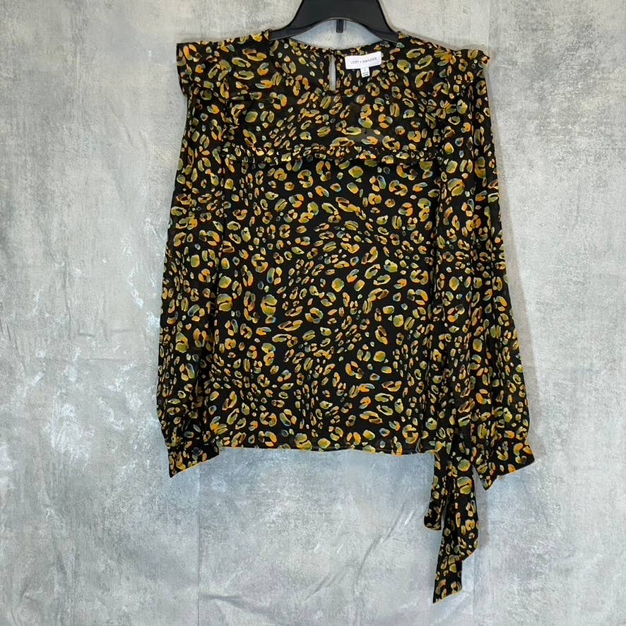 LOST + WANDER Women's Black Animal Print Dance All Night Belted Long Sleeve Top SZ S