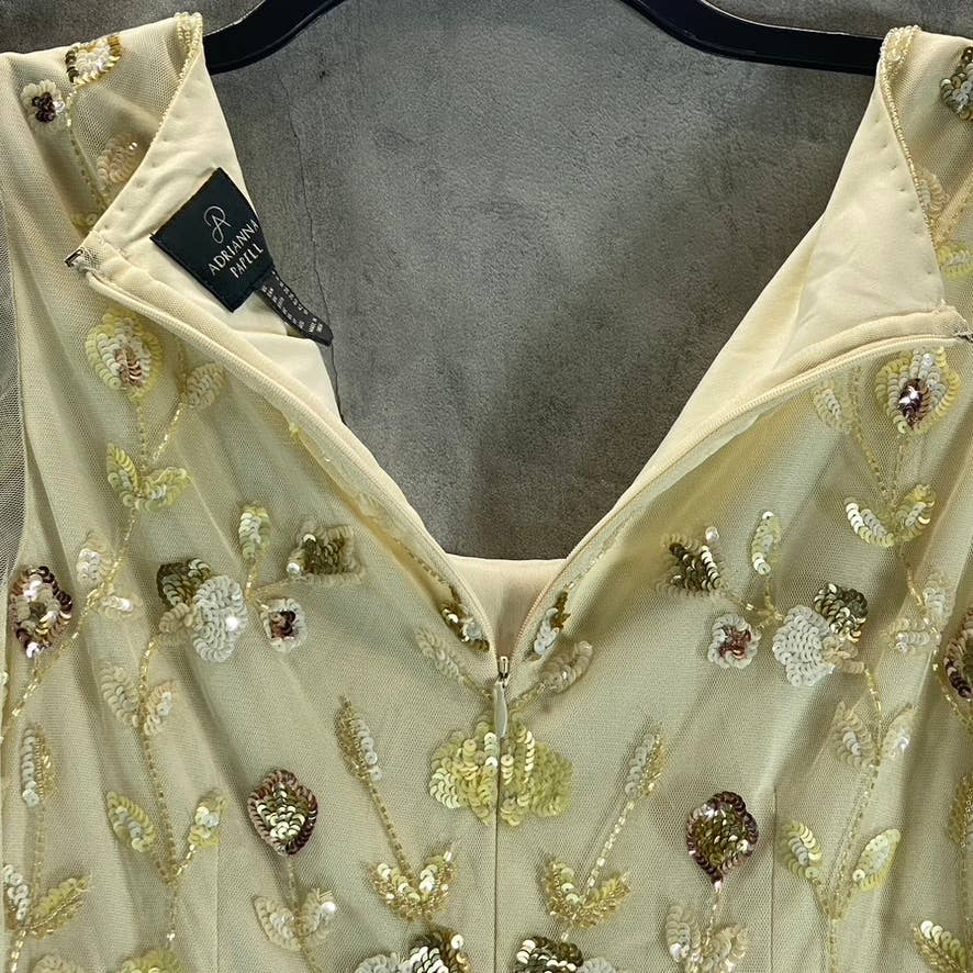 ADRIANNA PAPELL Women's Sandshell Beaded Mesh Short Elbow Sleeve Tulle Gown SZ6