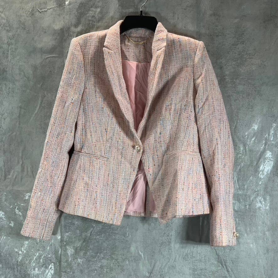 DKNY Women's Lipstick Multi Tweed Notch-Collar Faux Pearl One-Button Blazer SZ 6