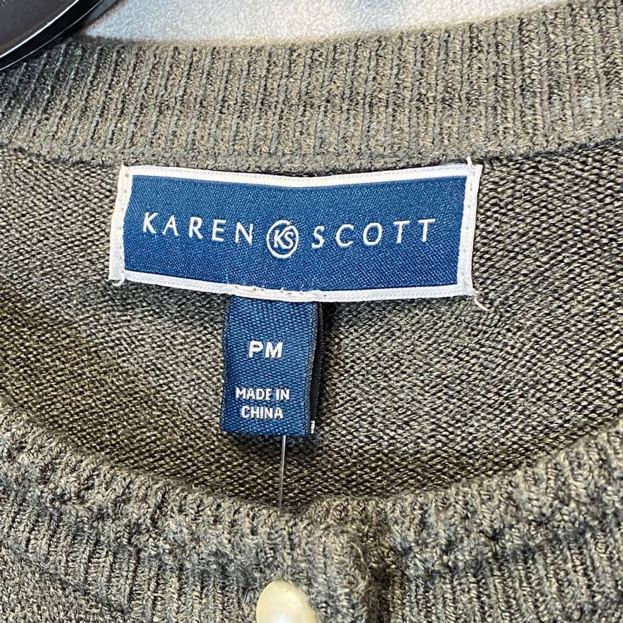 KAREN SCOTT Women's Petite Charcoal Luxsoft Pearl-Style-Button Cardigan SZ P/M