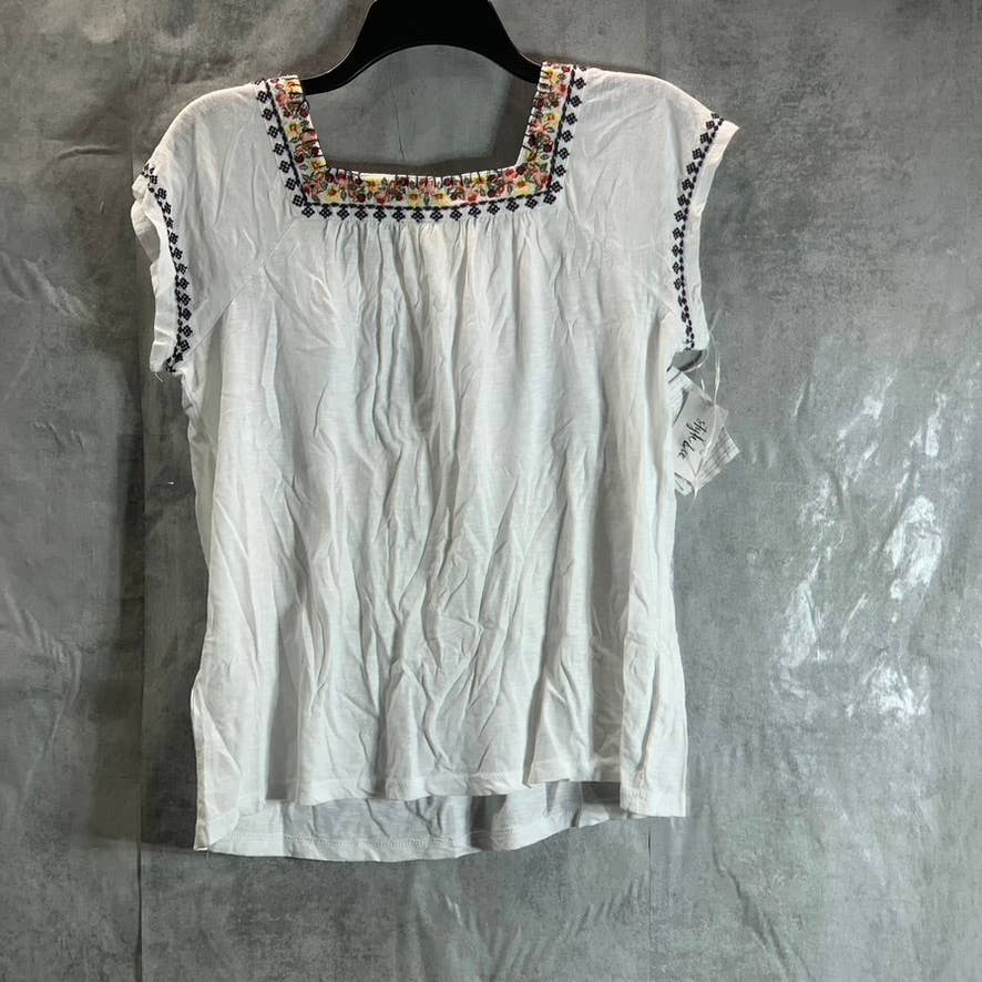 STYLE & CO Women's Bright White Embroidered Square-Neck Top SZ S