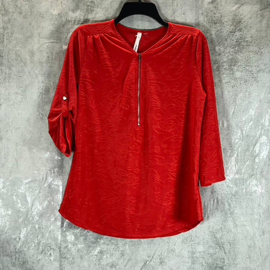 NY COLLECTION Women's Red 3/4 Roll Tab Zip-Front Jacquard Knit Top SZ M