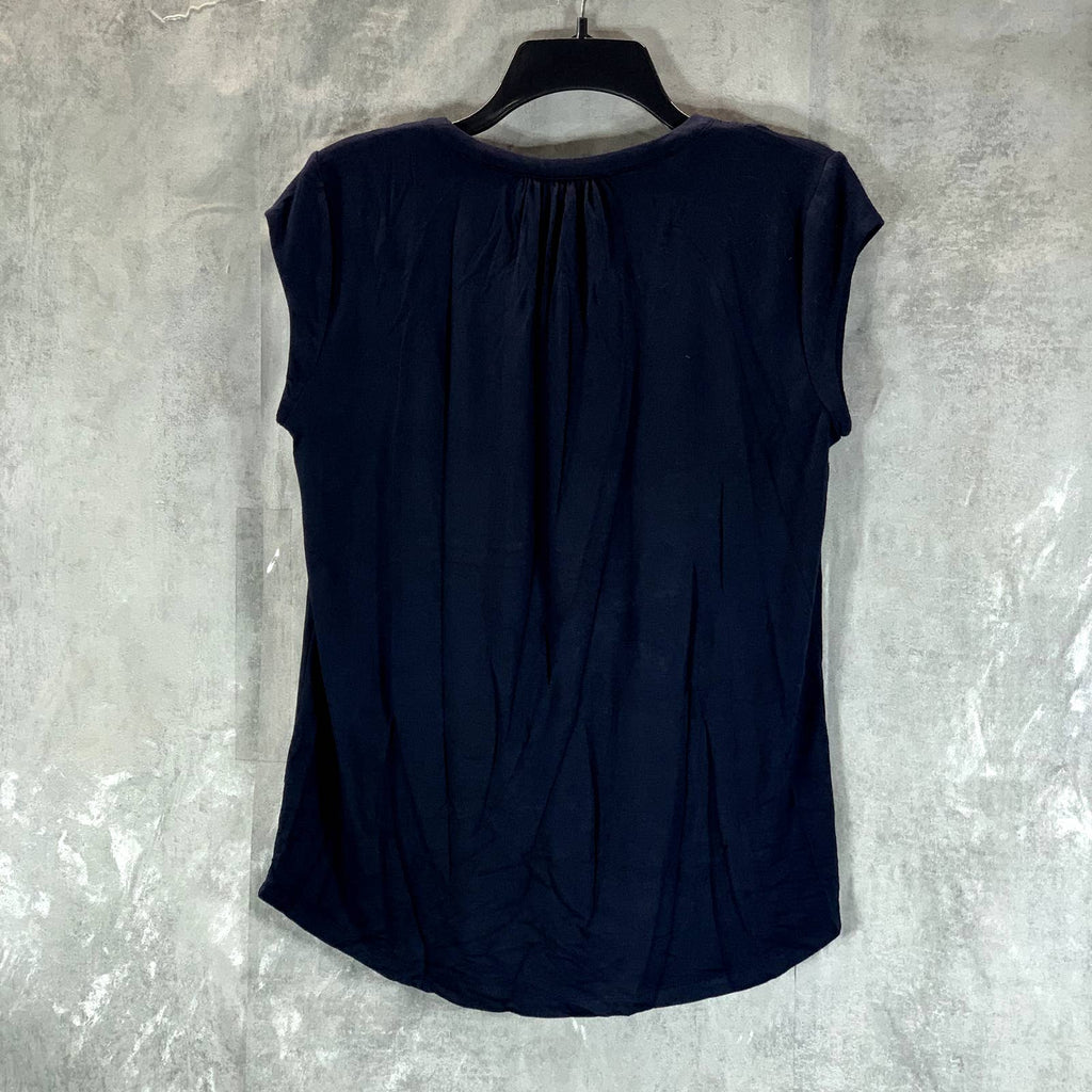 TOMMY HILFIGER Women's Navy Lace-Trimmed Pintuck Short-Sleeve Top SZ S