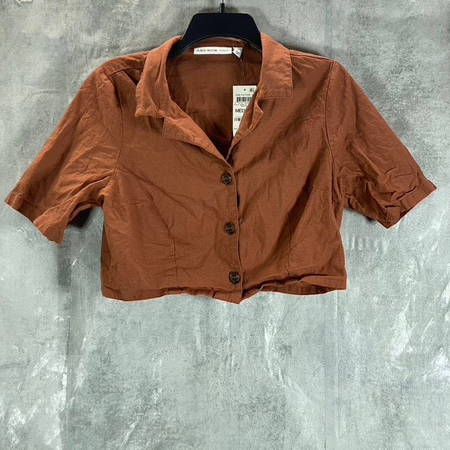 AND NOW THIS Women's Mocha Button-Front Short-Sleeve Cropped Camp Shirt SZ M