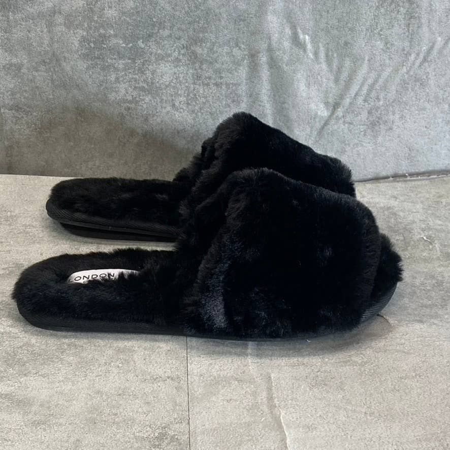 LONDON FOG Women's Black Faux-Fur Lilly Round-Toe Slide Flat Slippers SZ 8