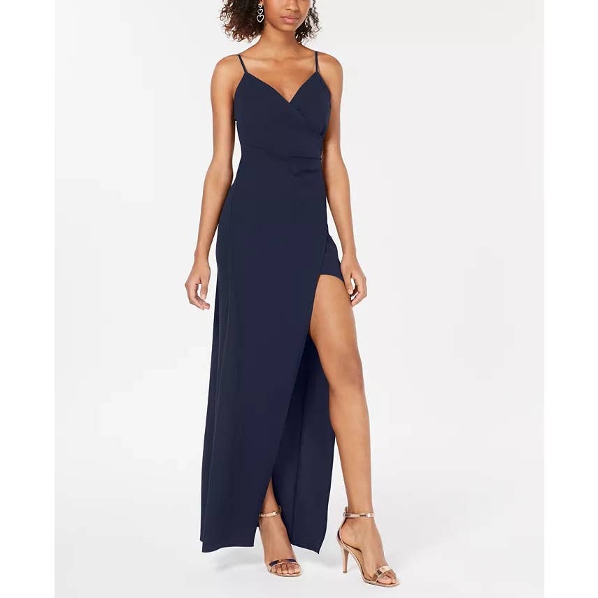 EMERALD SUNDAE Juniors' Navy Surplice V-Neck High-Slit Adjustable Straps Gown