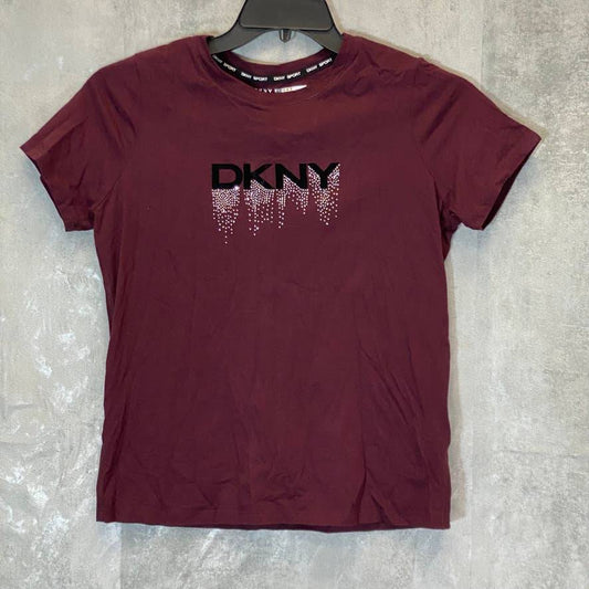 DKNY Sport Women's Burgundy Rhinestone Embellished Logo Crewneck Short Sleeve T-Shirt SZ XS